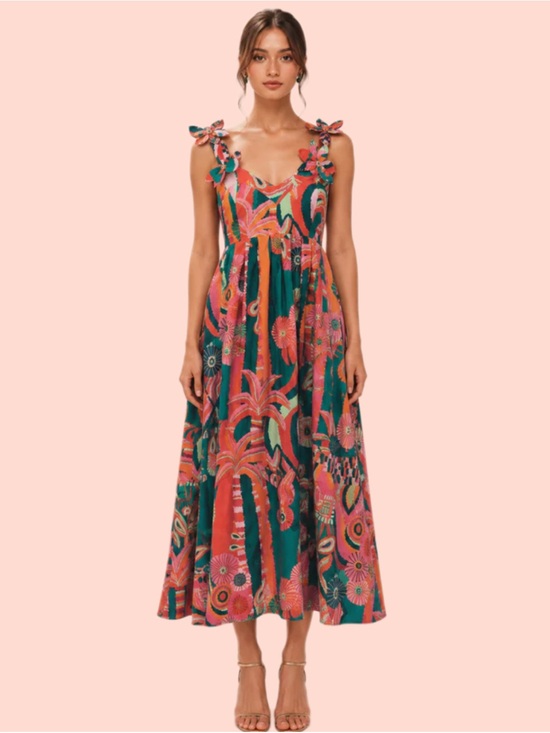FARM Rio Dresses & Skirts - NWT Farm Rio Floral Appliqué Tropical Open Back Pleated Palm Midi Dress Size XS